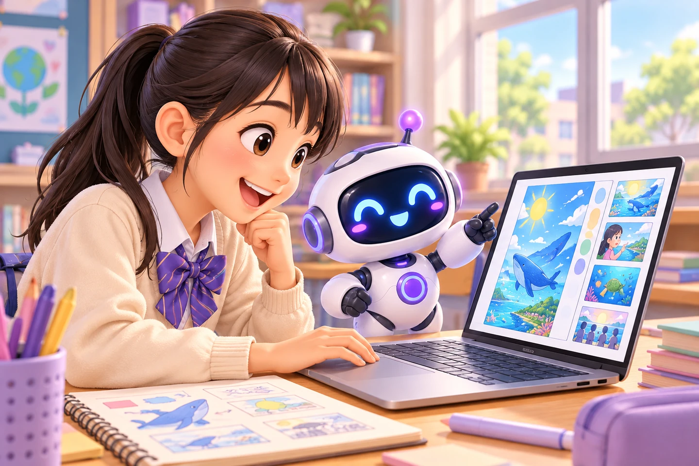 生成AIを創作の道具にして作品をつくる子どもとロボット