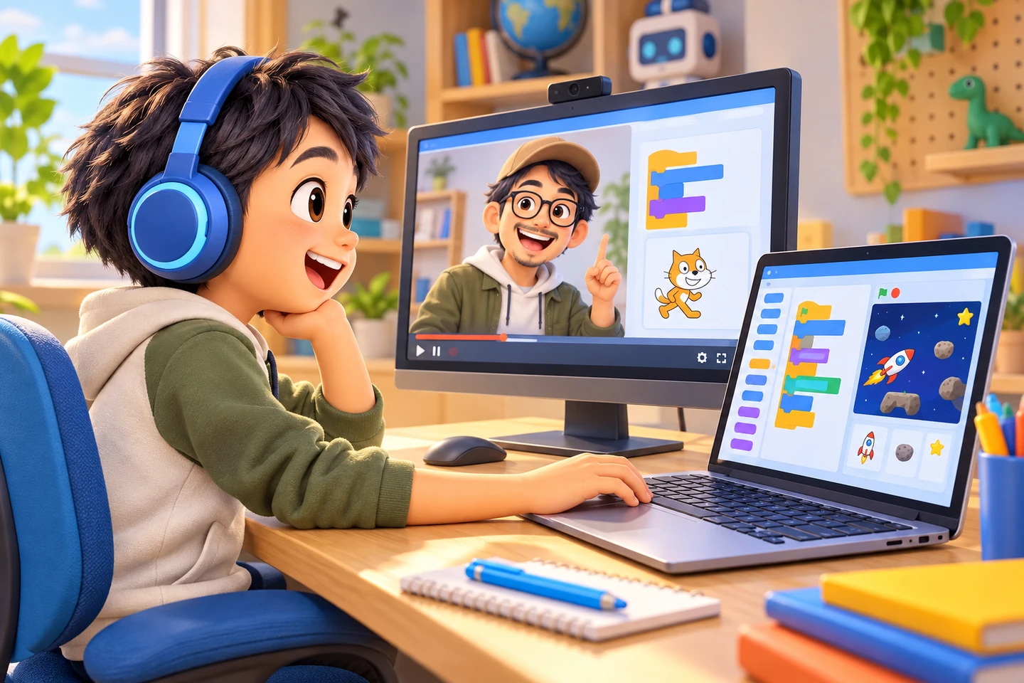 ヘッドフォンをした子どもがモニターの動画教材を見ながらノートPCでScratch作品をつくる様子